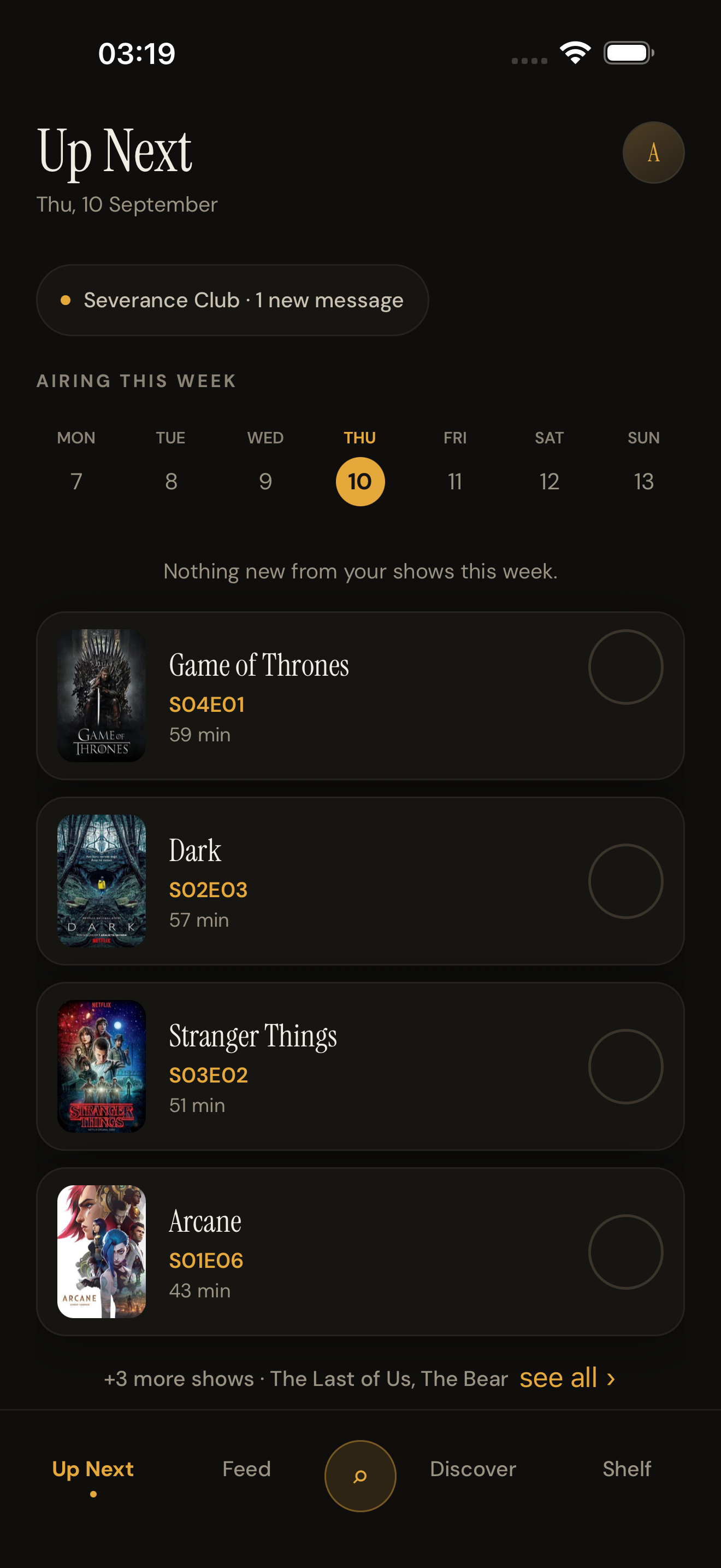 Nextsode on iPhone showing the next episode of each series